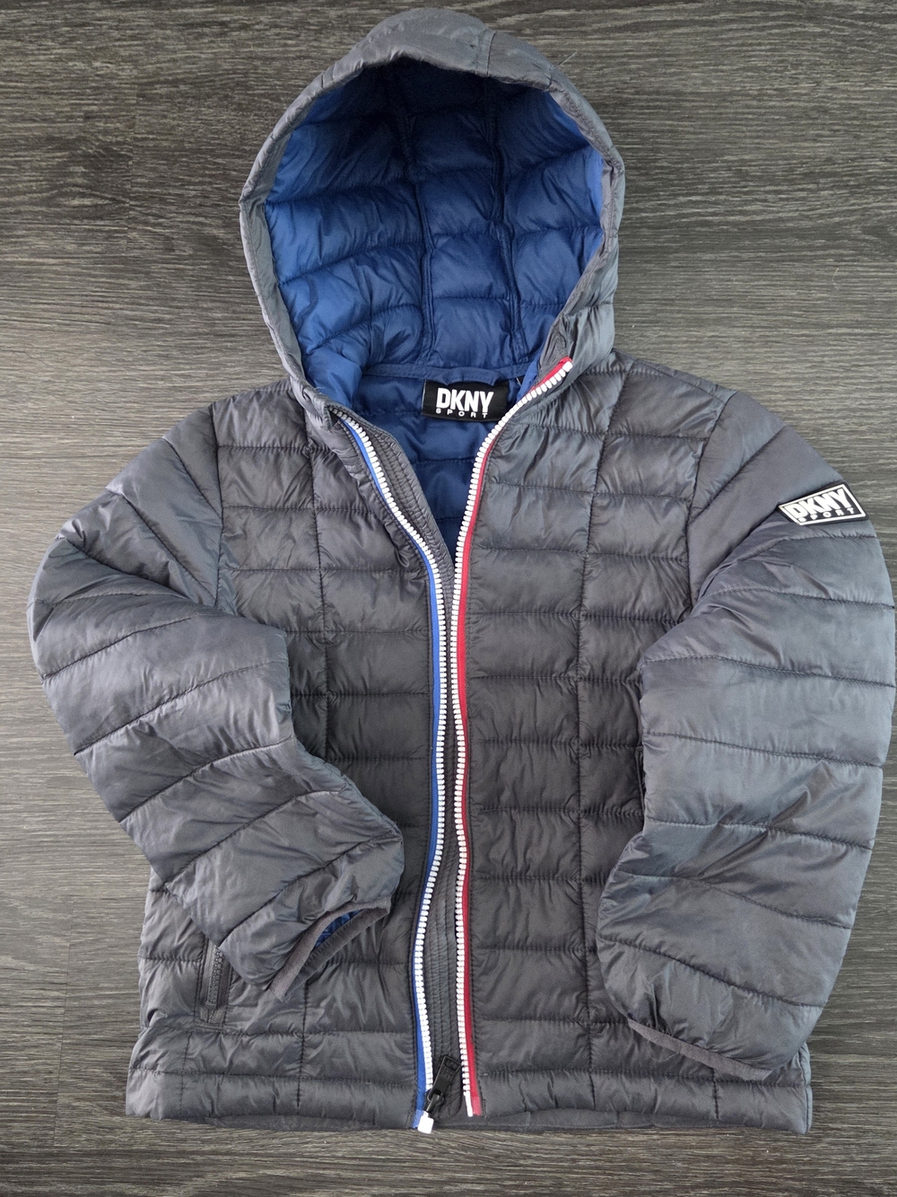 DKNY Boys' Gray Hooded Quilted Puffer Jacket with Blue Lining